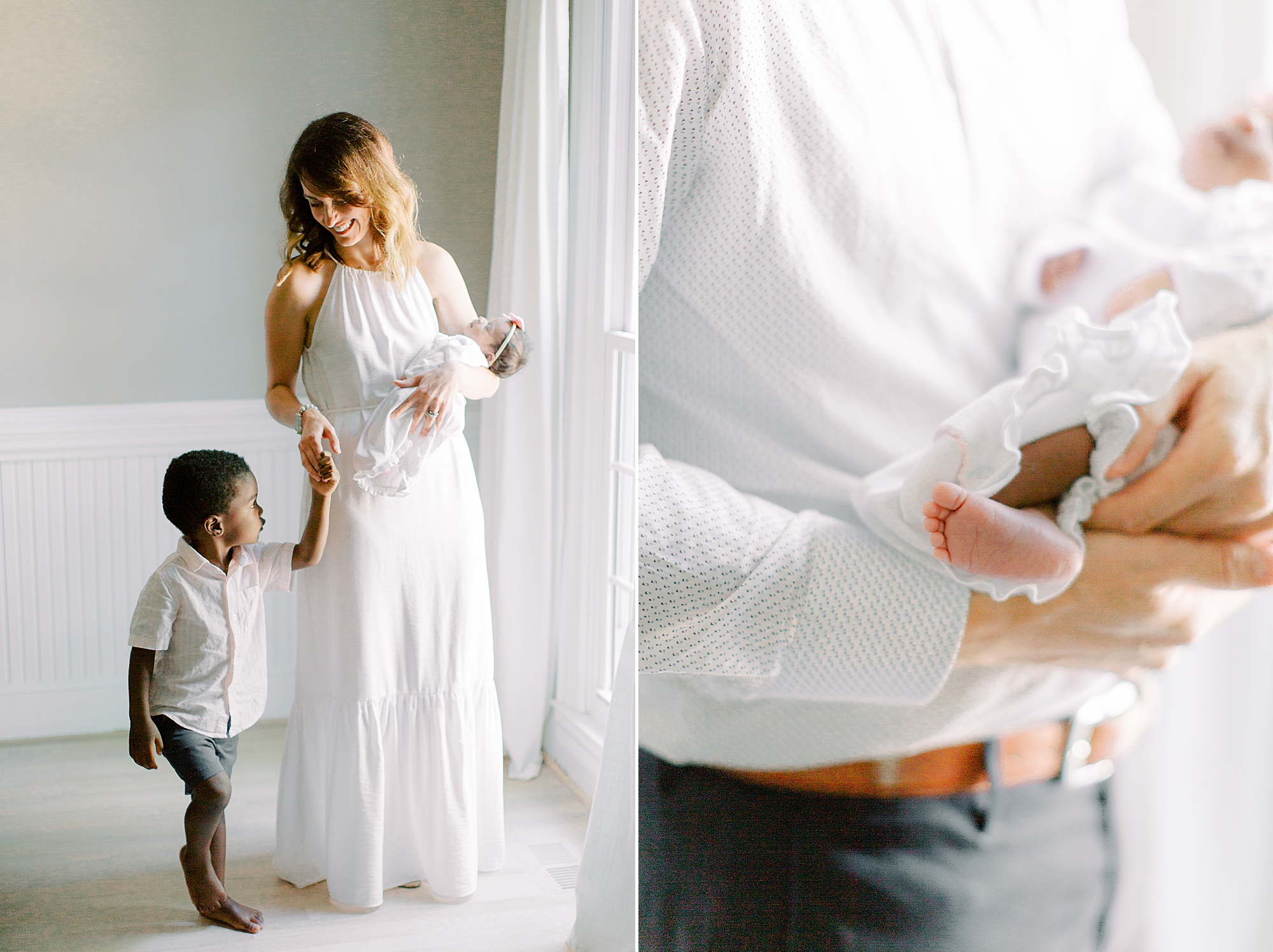 mom stands with son during newborn photos