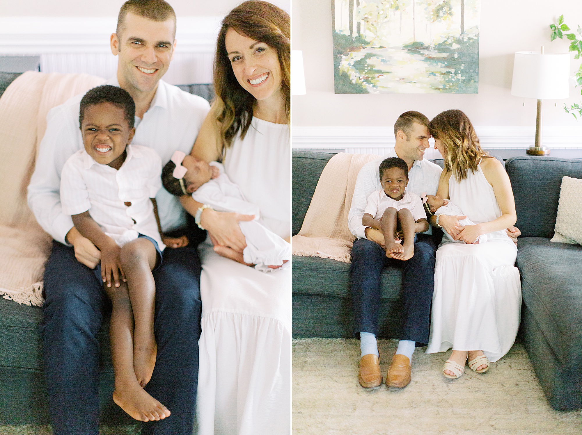 family sits together on couch during newborn photos at home
