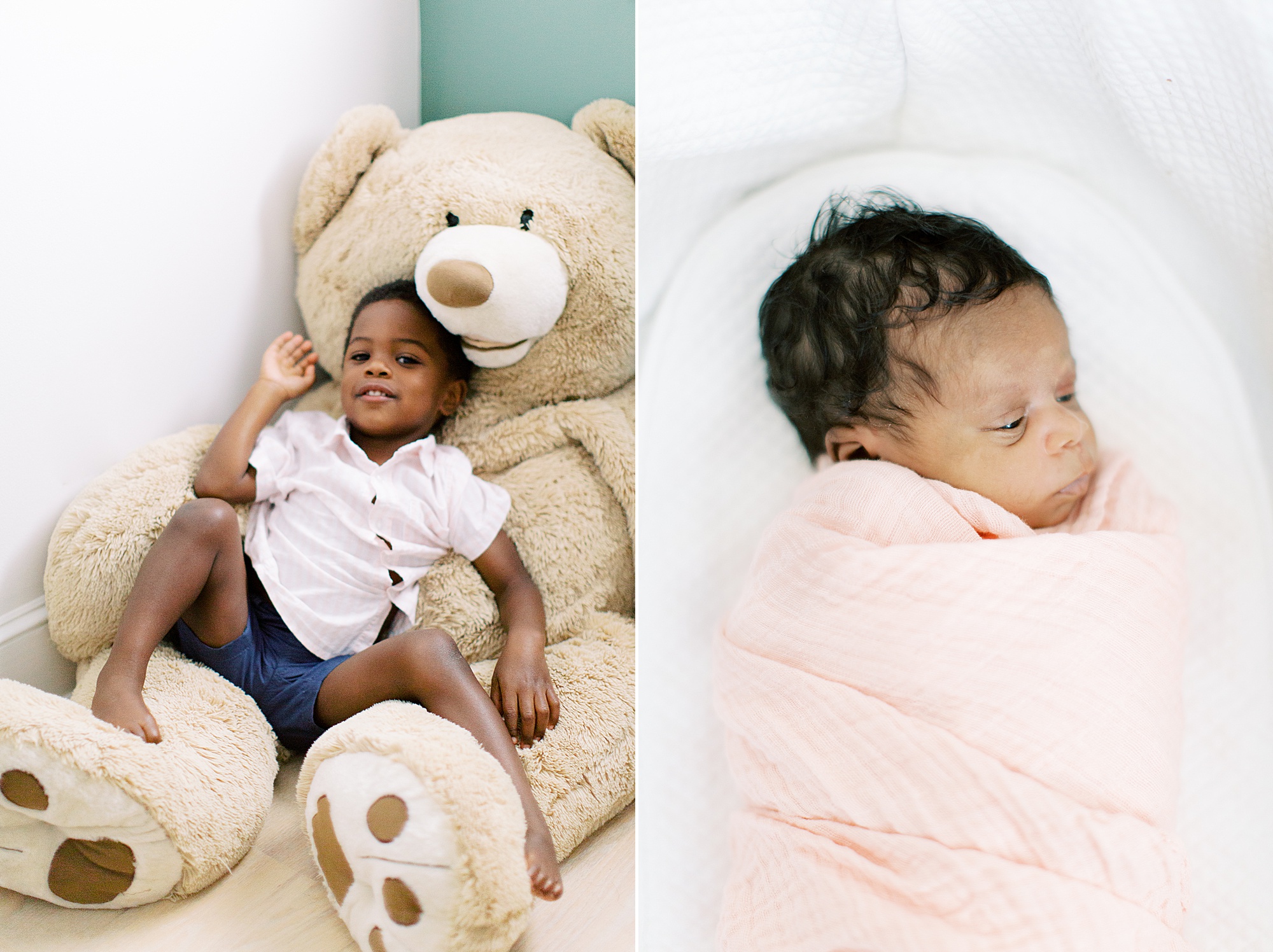big brother sits on bear during newborn photos at home