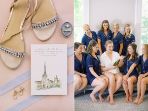 bride sits with bridesmaids in matching navy robes