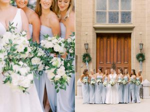 bridesmaids in pale blue gowns hold white bouquets outside Charlotte church