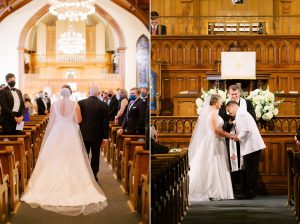 bride and groom laugh at alter during wedding ceremony