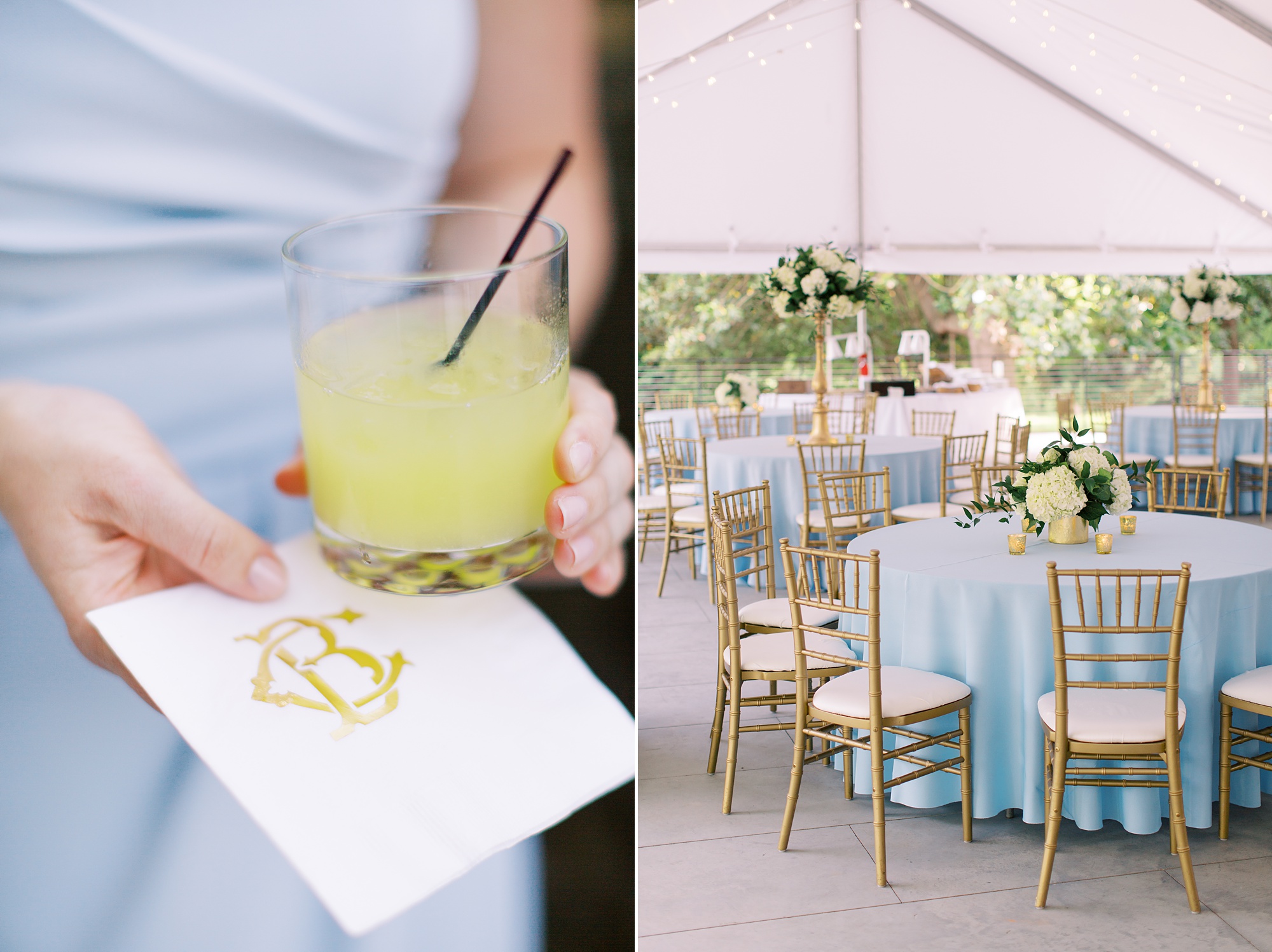 signature drink with monogrammed napkins for VanLandingham Estate wedding