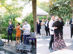groom dances with mom while live band performs at VanLandingham Estate wedding