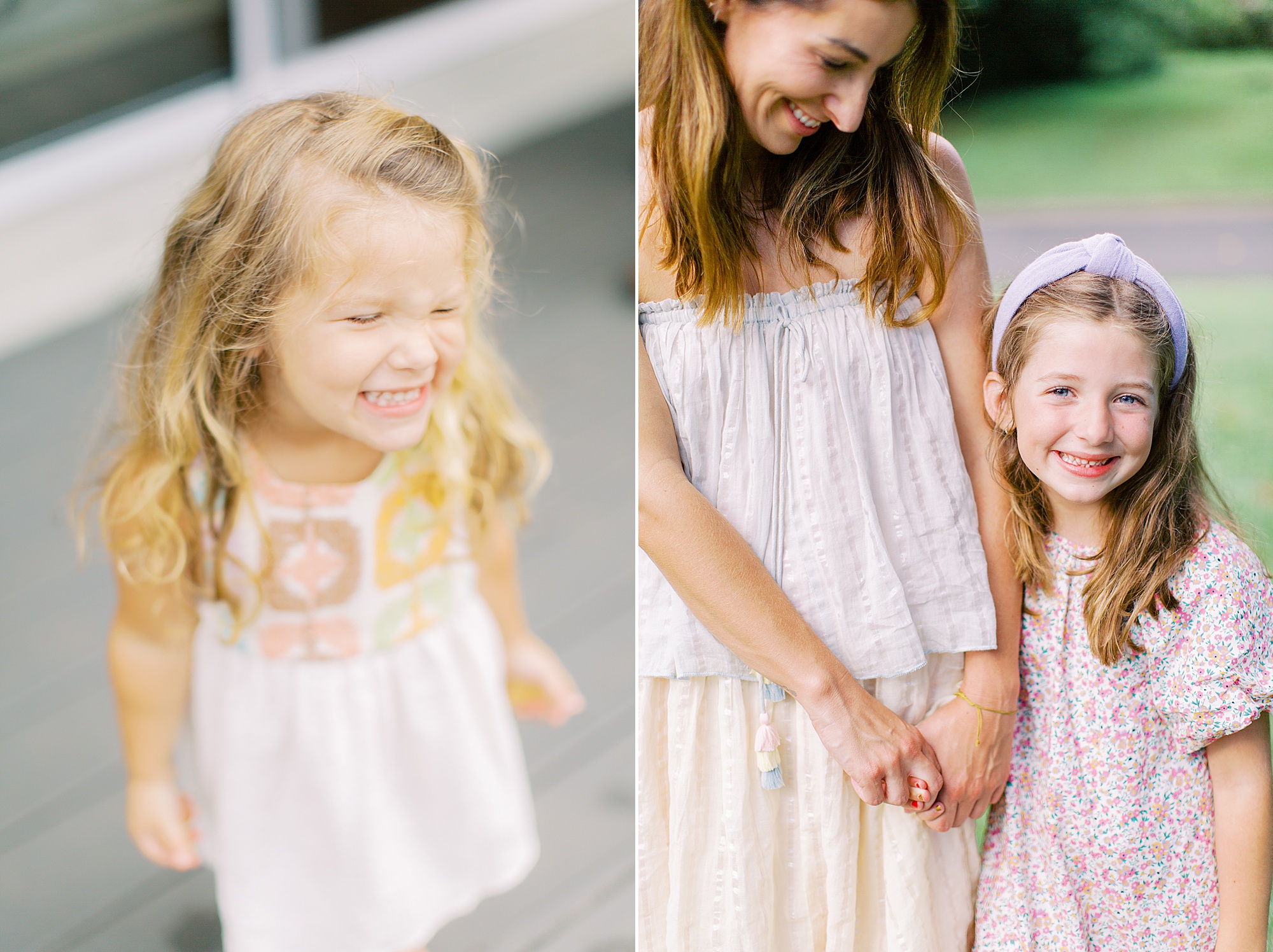 daughters hold hands with mom during Charlotte family session