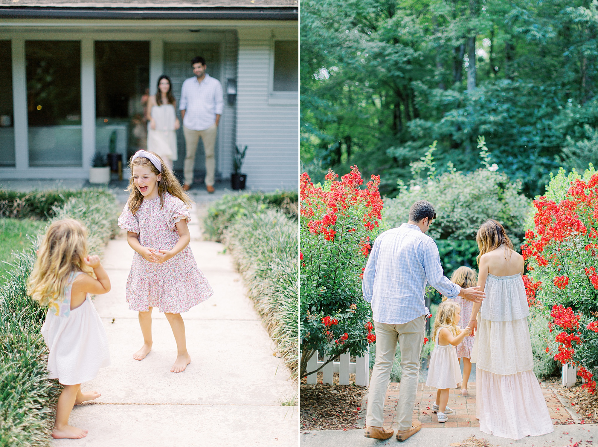 family of four plays in yard during Charlotte family session