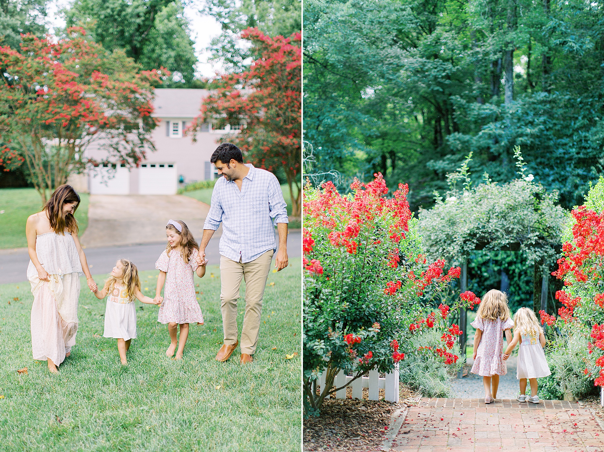 dad holds girls' hands while walking through yard in Charlotte NC
