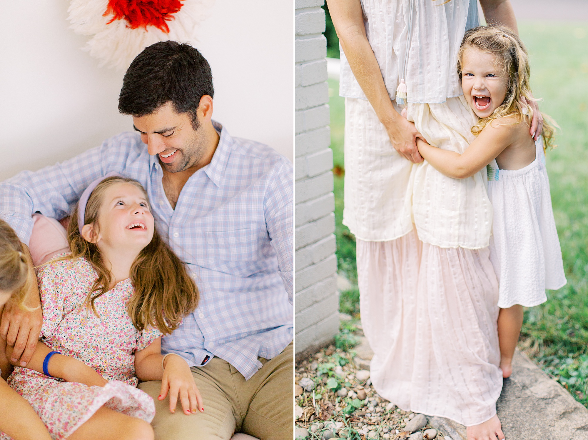 dad and daughter sit on pink couch during Charlotte family session