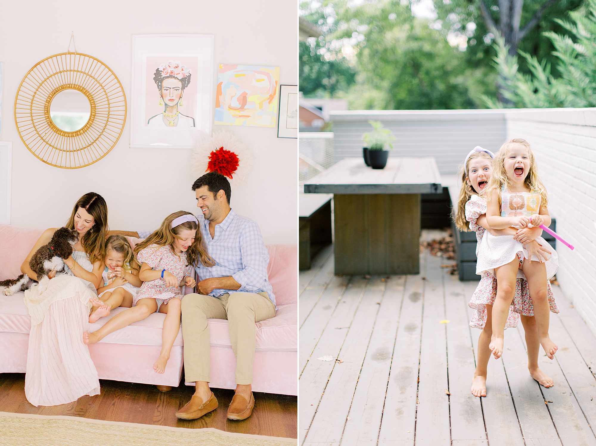 parents snuggle on pink couch with dog and two daughters during Charlotte family session