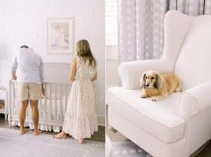 parents look at baby over crib while dog sits in chair