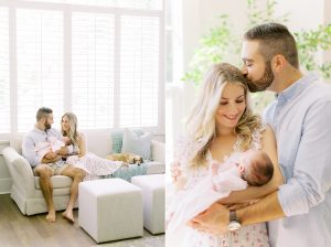 dad kisses wife's forehead while holding baby daughter
