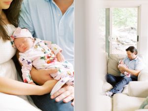 dad holds baby girl in living room photographed by Charlotte Newborn Photographer Demi Mabry