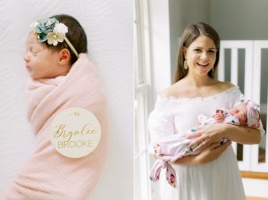 mom holds daughter by crib during photos with Charlotte Newborn Photographer Demi Mabry