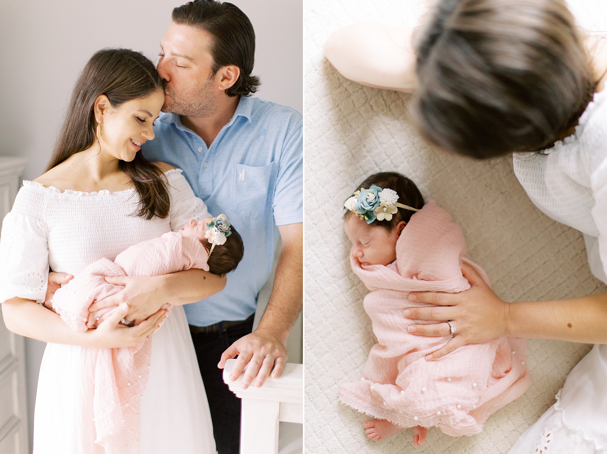 dad kisses mom's forehead during newborn photos