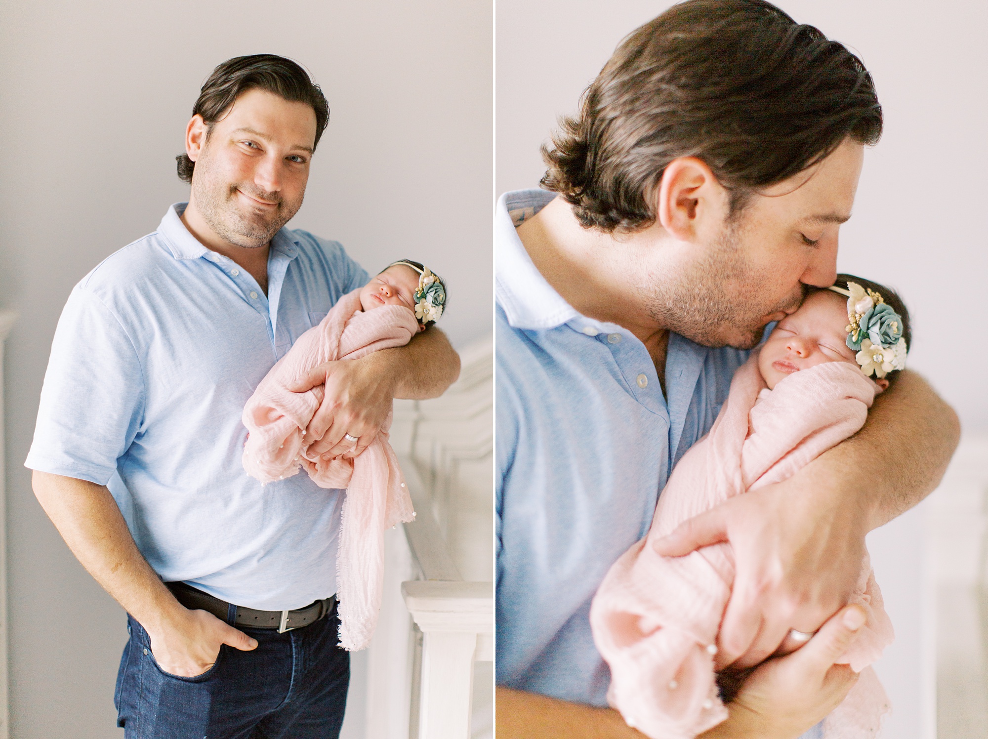 dad holds baby girl in pink wrap photographed by Charlotte Newborn Photographer Demi Mabry