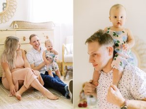 dad holds daughter on shoulders during Atlanta family photos