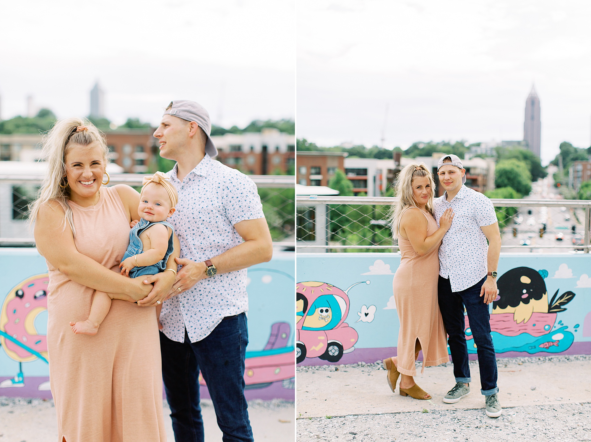 family poses by murals at Ponce City Market