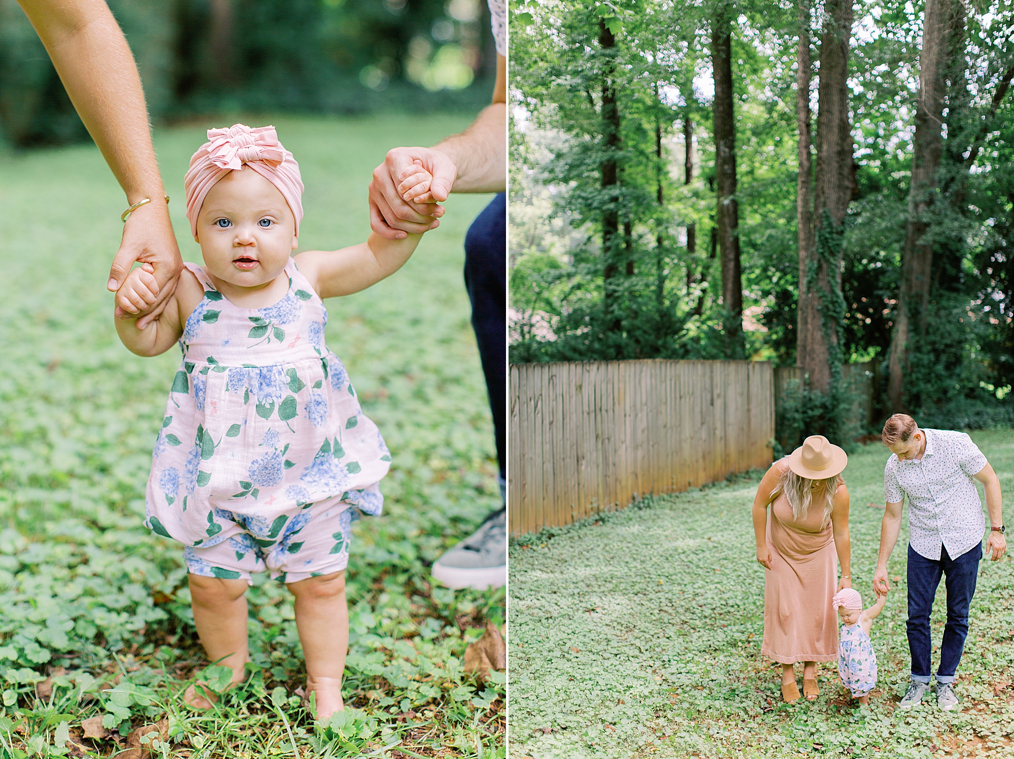 toddler plays with mom and dad in backyard during family photos