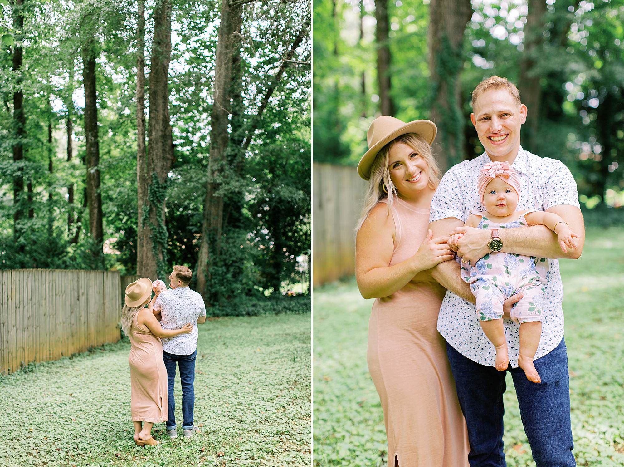 parents hold toddler in backyard during lifestyle family photos
