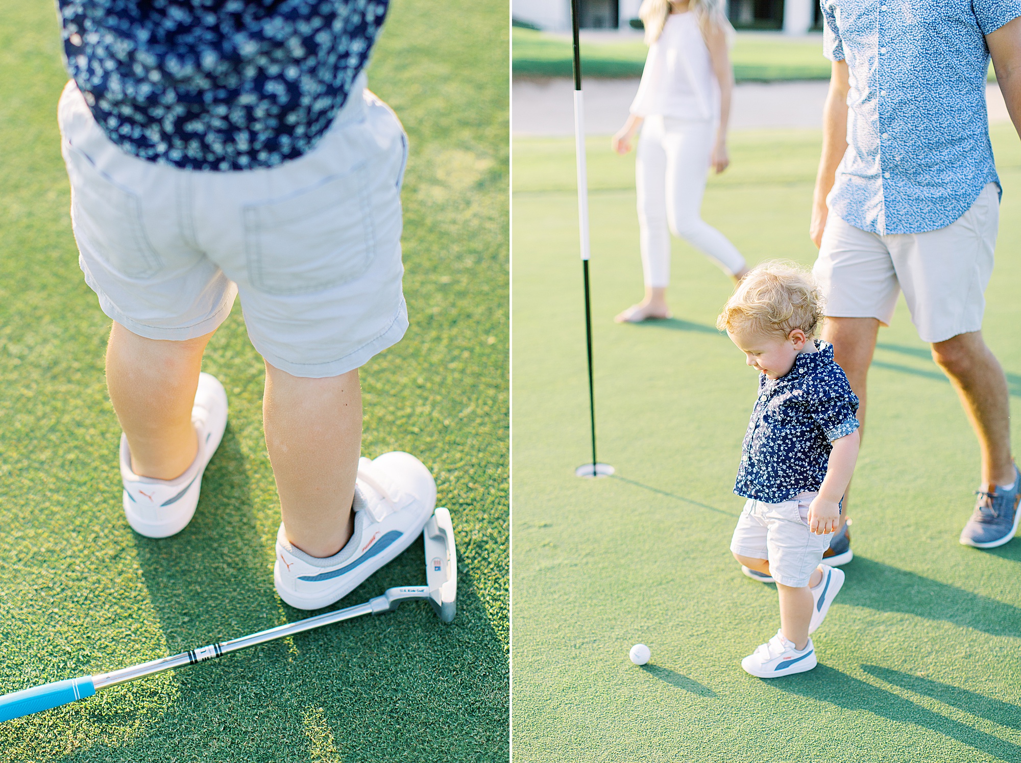 toddler plays with golf clubs at Cabarrus Country Club