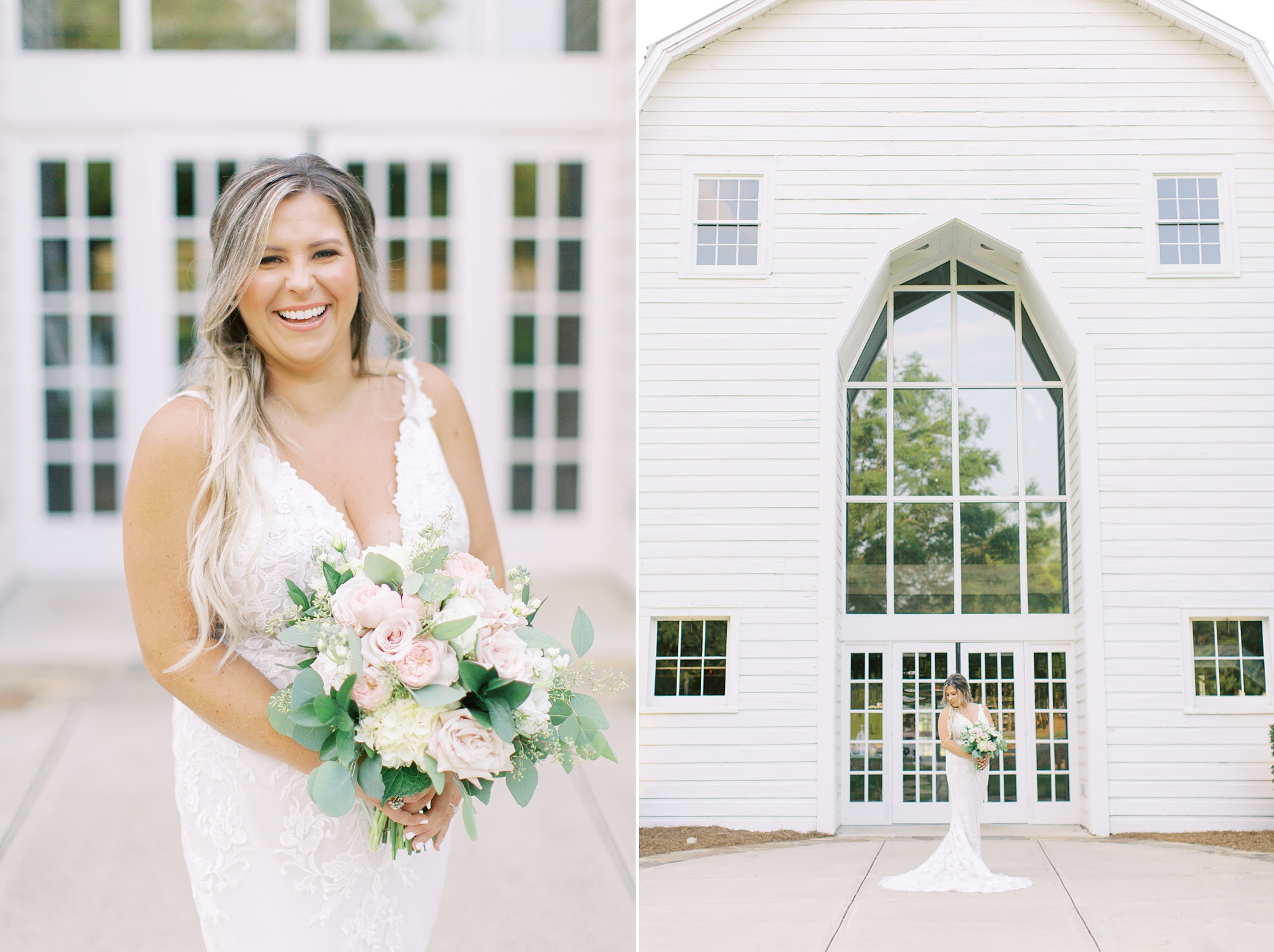 bride holds bouquet outside The Dairy Barn