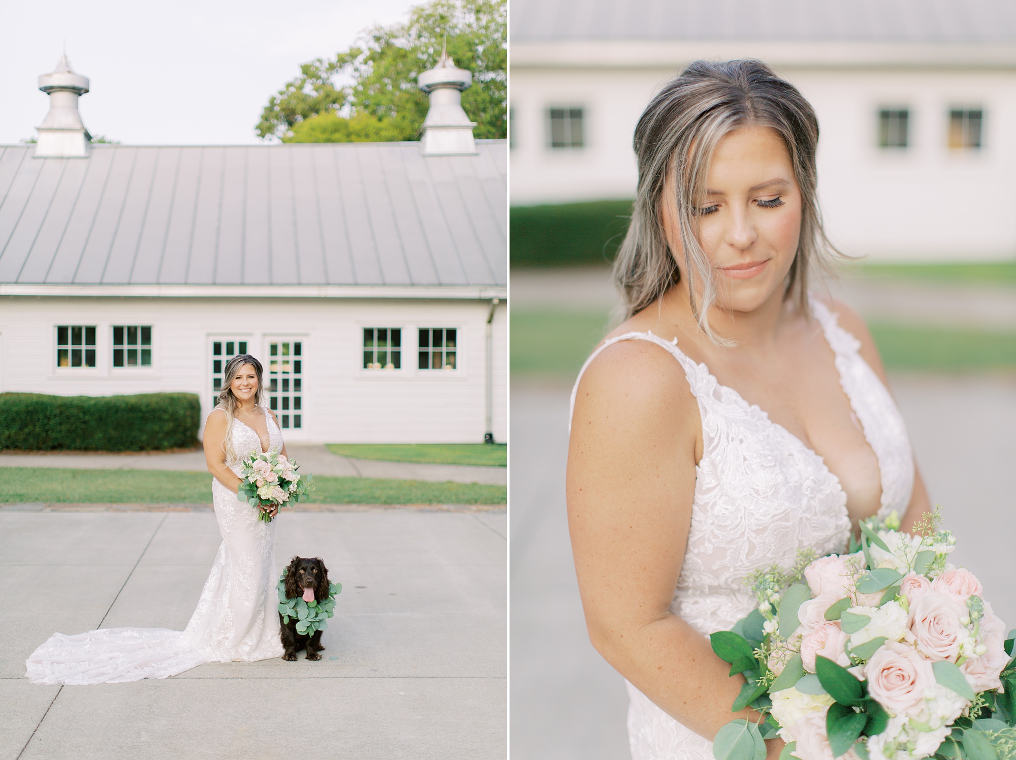 bride poses with dog during bridal session