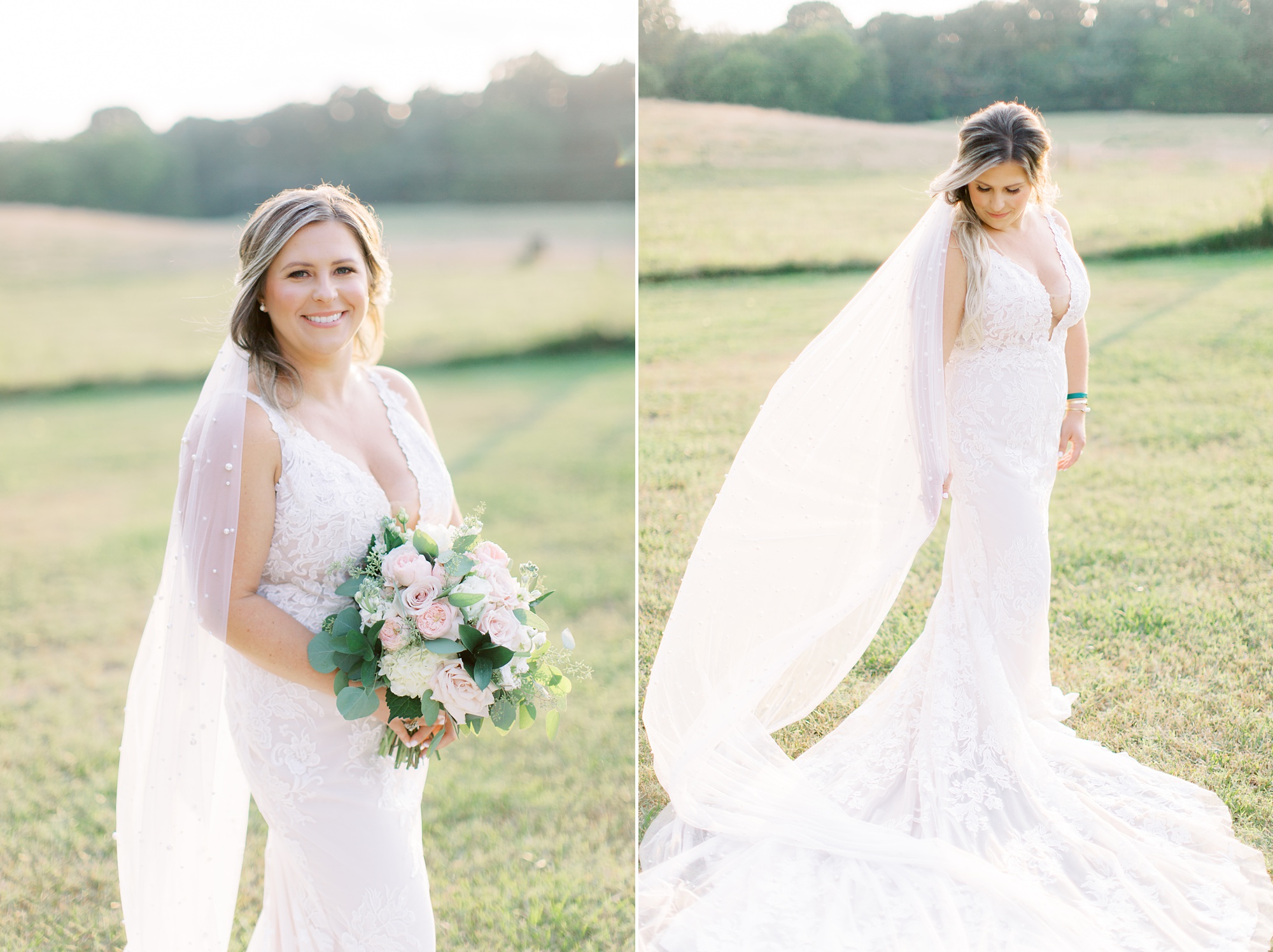bride-to-be poses with veil behind her in field