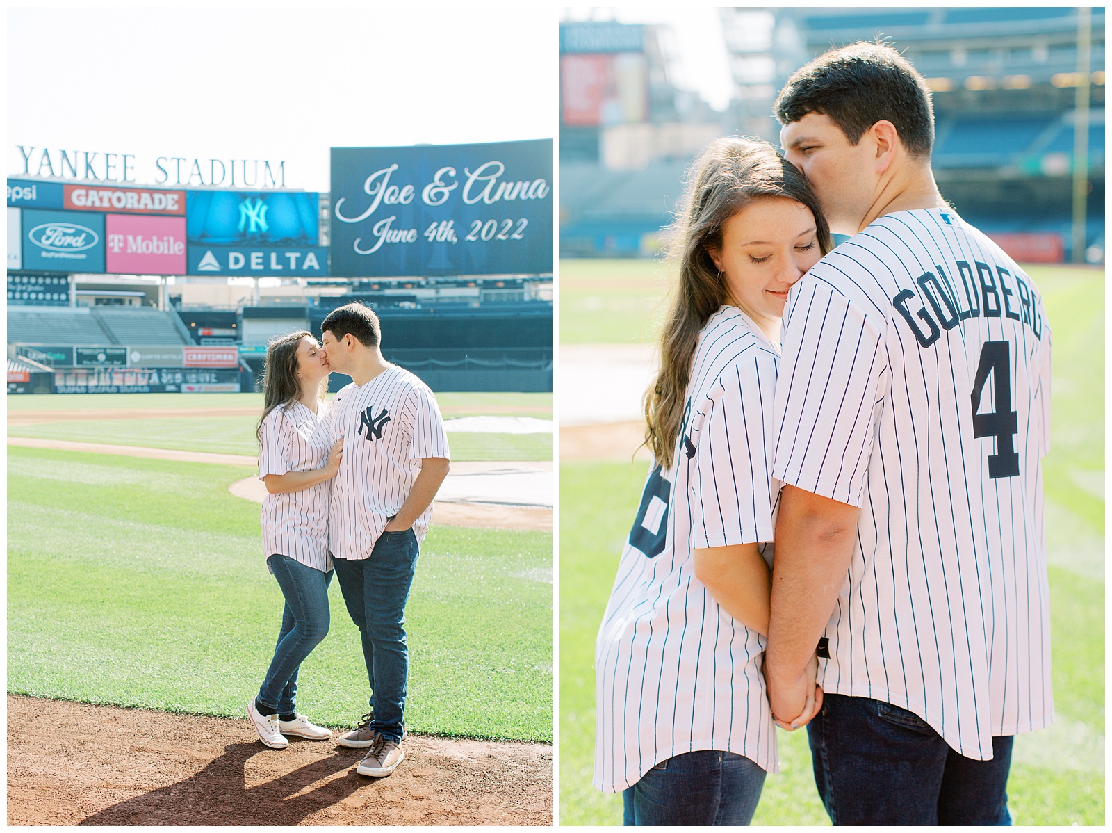 bride and groom kiss during Yankee Stadium Engagement Session