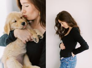 mom looks at belly while hugging puppy during Golden Retriever Baby Announcement