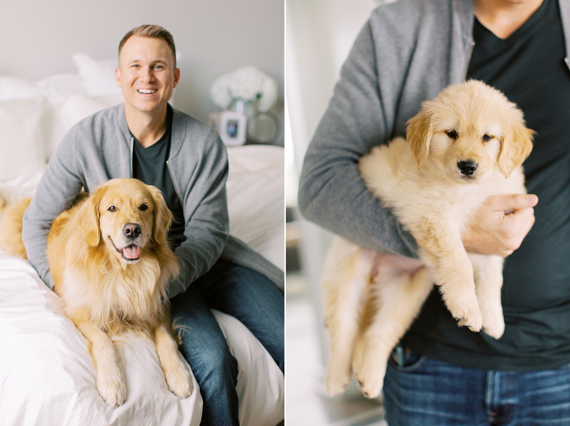 dad hugs golden retrievers during lifestyle family photos