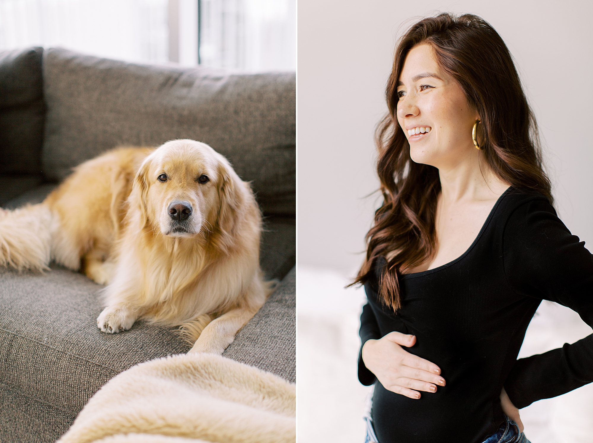 woman holds belly during Golden Retriever Baby Announcement