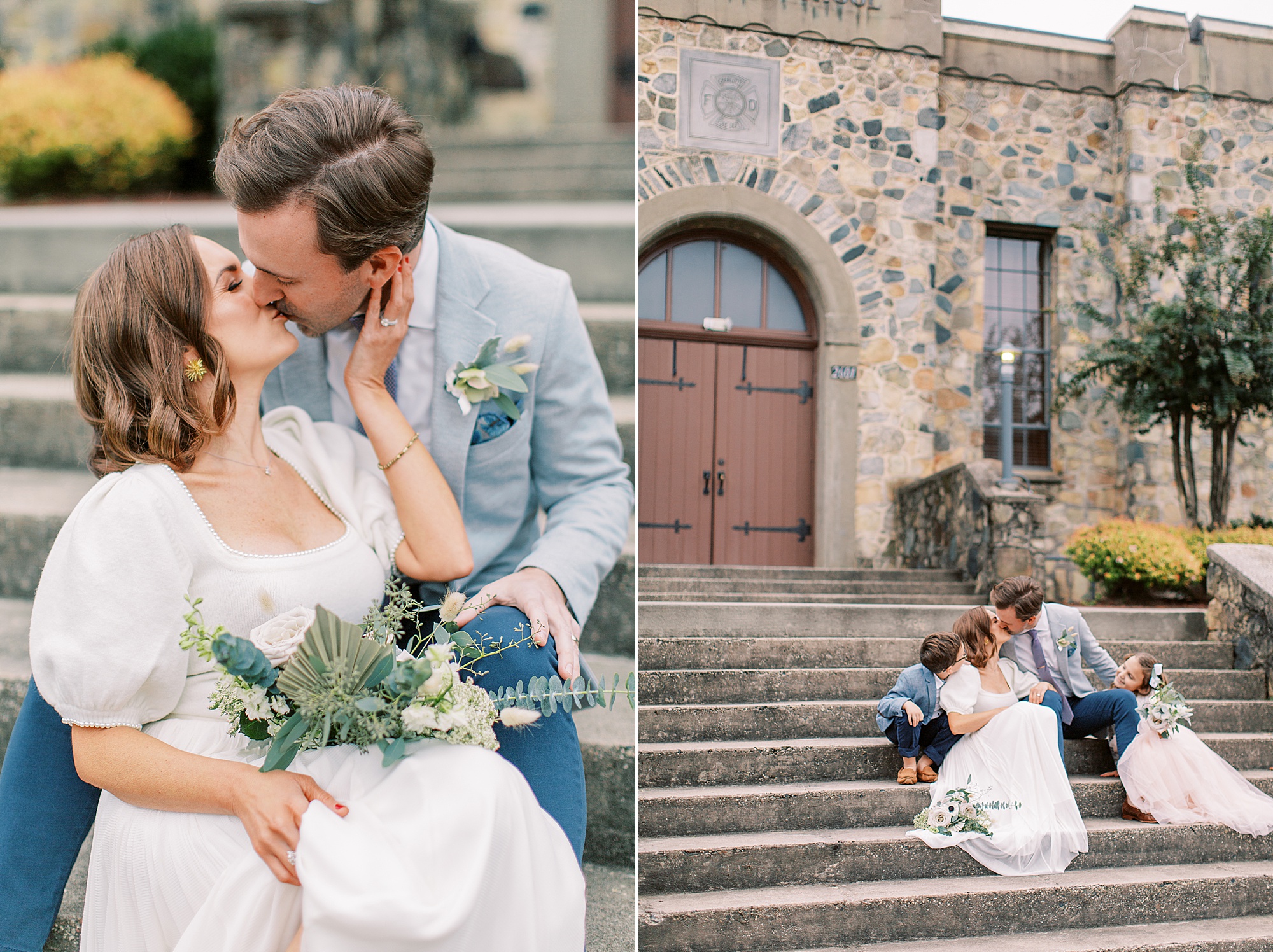 couple kisses on steps of The Palmer Building before vow renewal