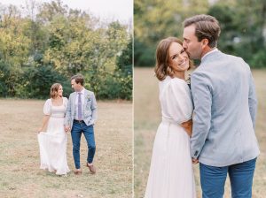 husband and wife walk through field before vow renewal