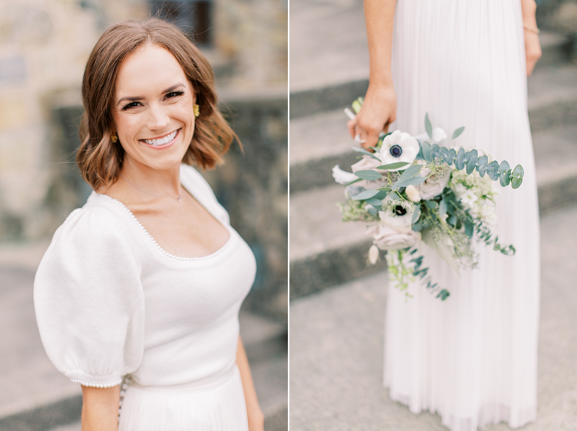 blogger holds bouquet of white flowers and greenery for The Palmer Building vow renewal