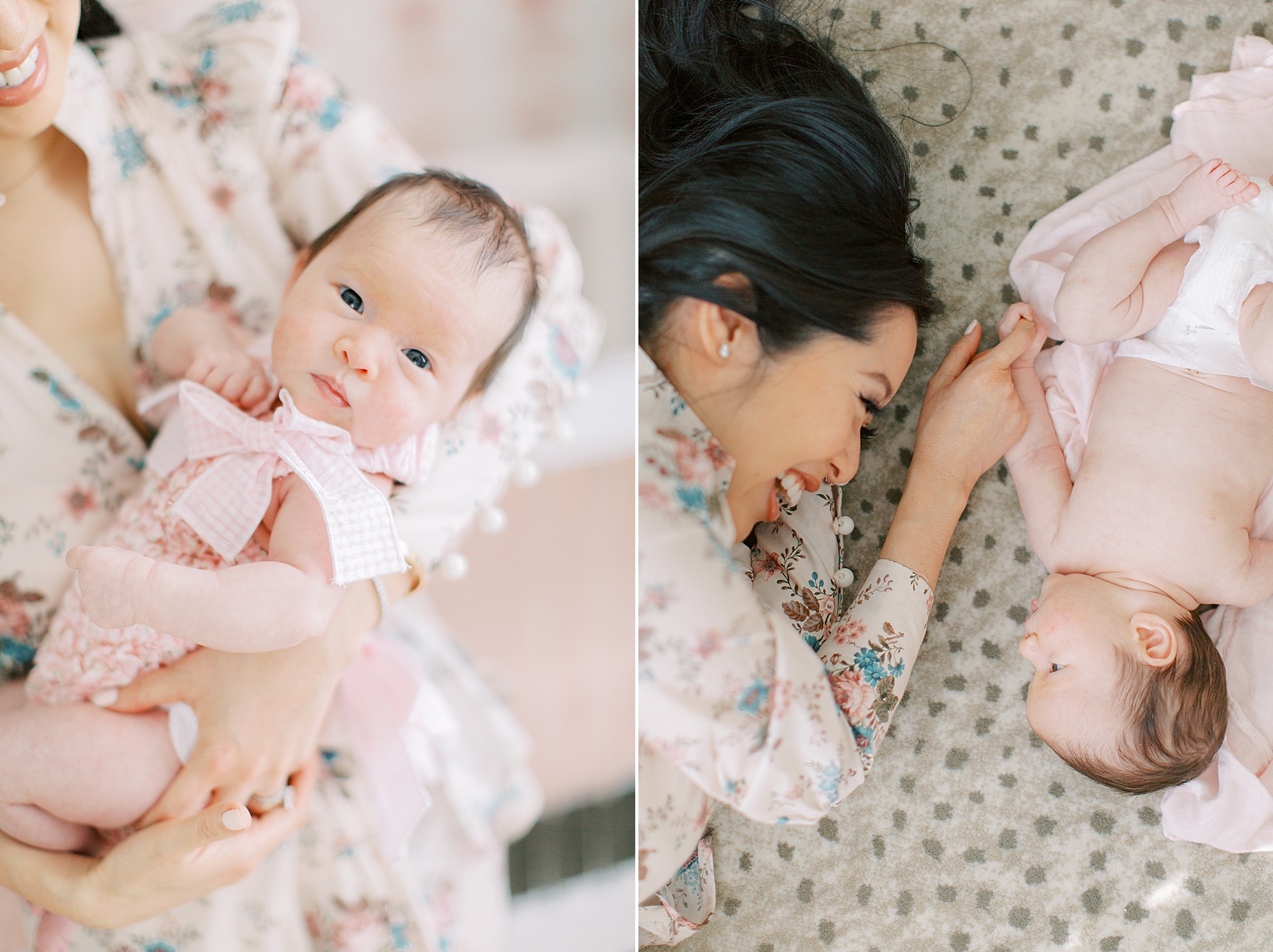 mom plays with daughter on floor during at-home newborn portraits
