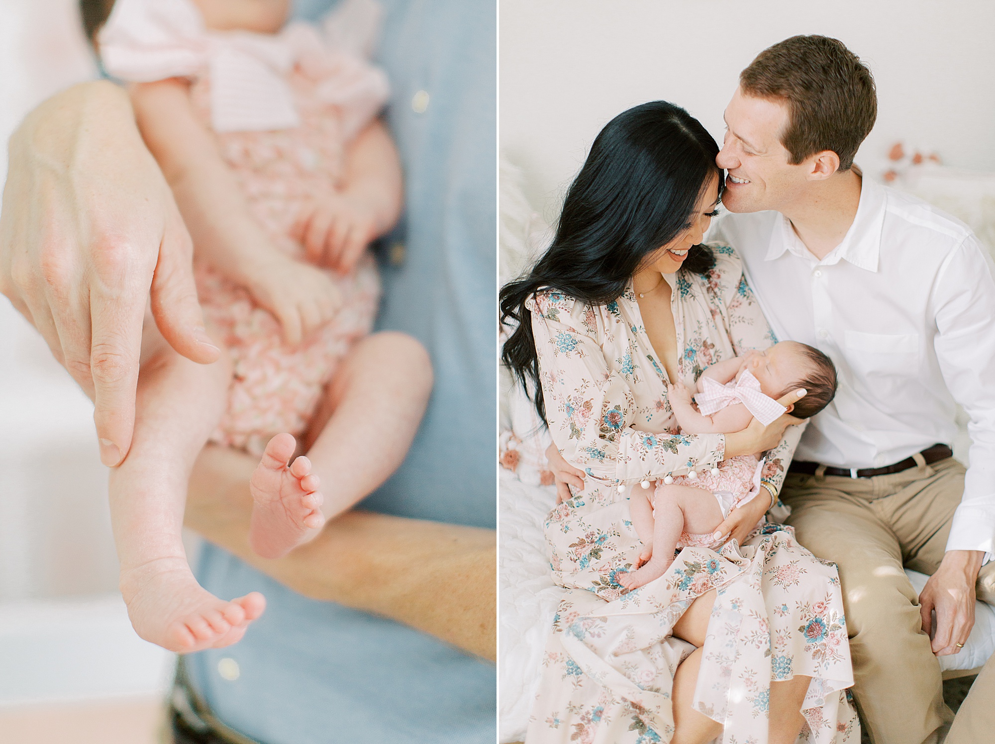 dad holds daughter while kissing mom's forehead during NC newborn photos