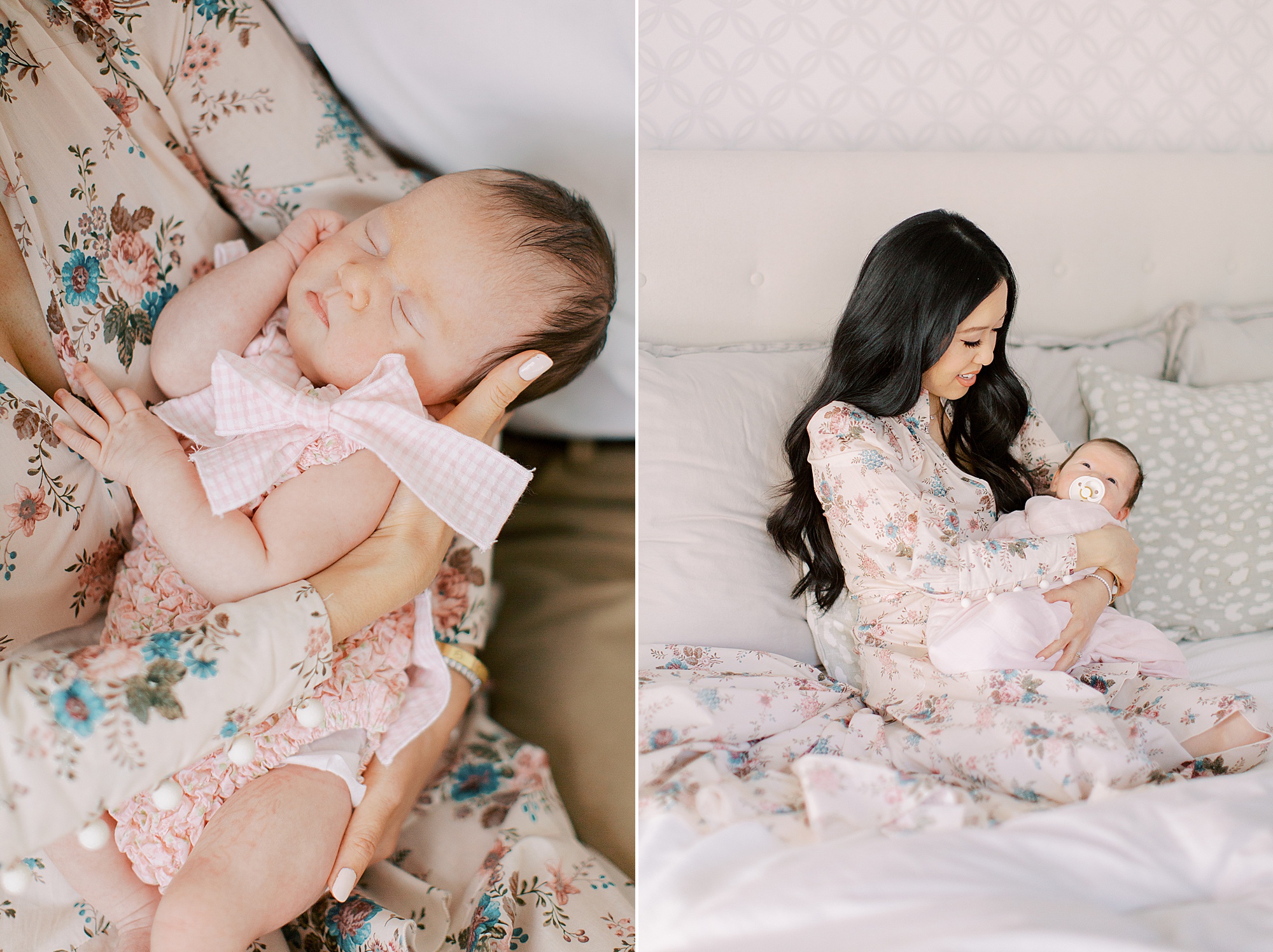 mom and daughter sit on bed during newborn session
