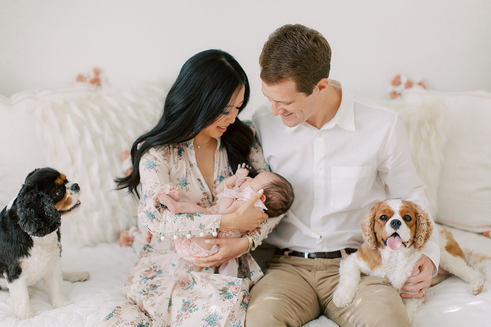 parents with with two dogs and newborn baby girl during at-home newborn portraits
