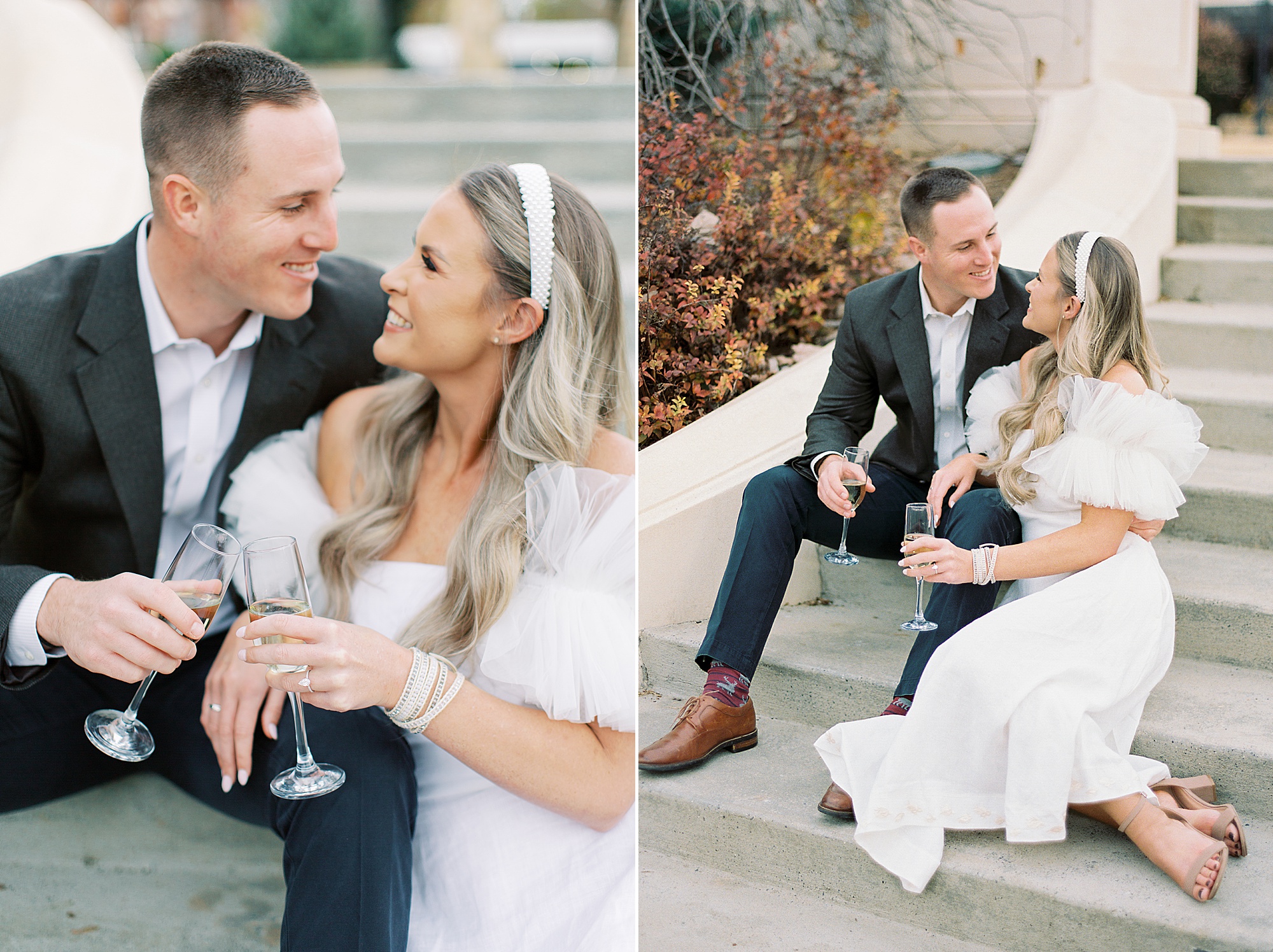 bride and groom sit on steps with champagne during Midtown Park engagement session