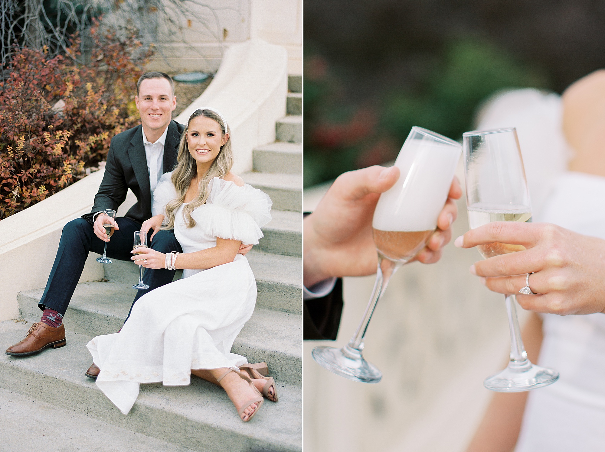 couple toasts glasses of champagne during Midtown Park engagement session