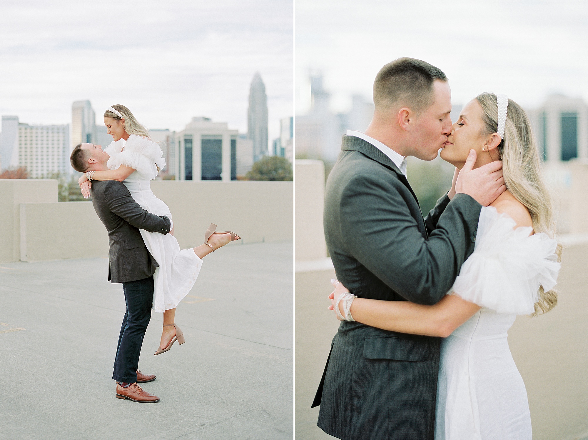couple kisses in front of Charlotte skyline