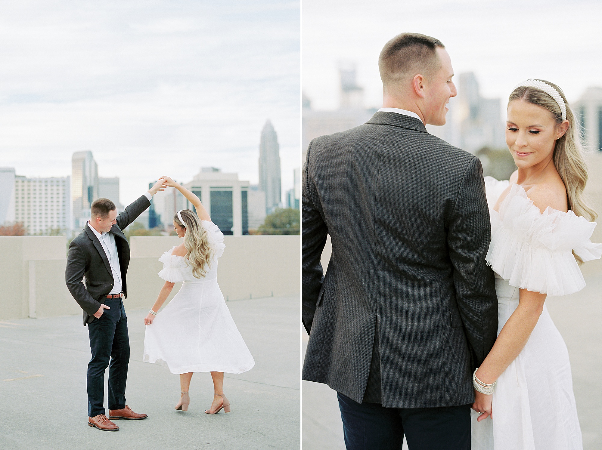 groom twirls bride during NC engagement session