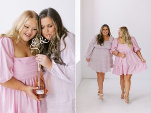 women laugh with bottle of champagne and "babe" straw