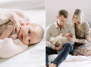 parents hold baby girl on bed during Charlotte newborn session at home