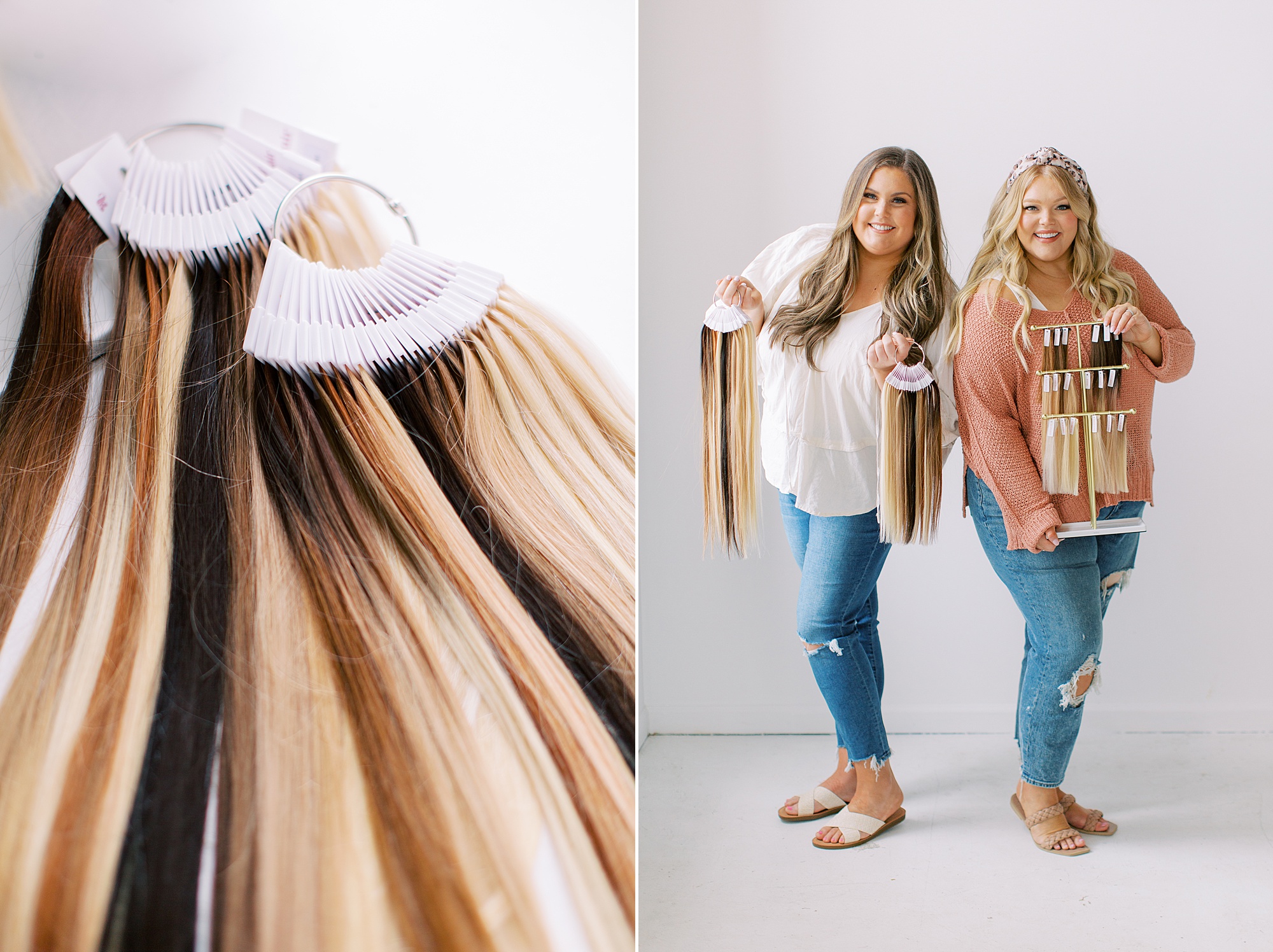 women hold hair extensions during branding photos in Charlotte studio