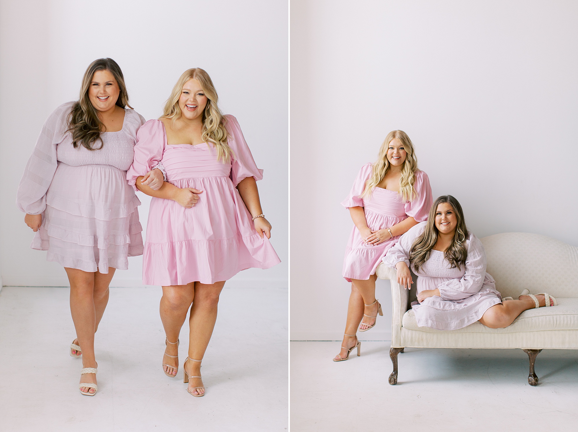 women hug together on couch during studio branding portraits