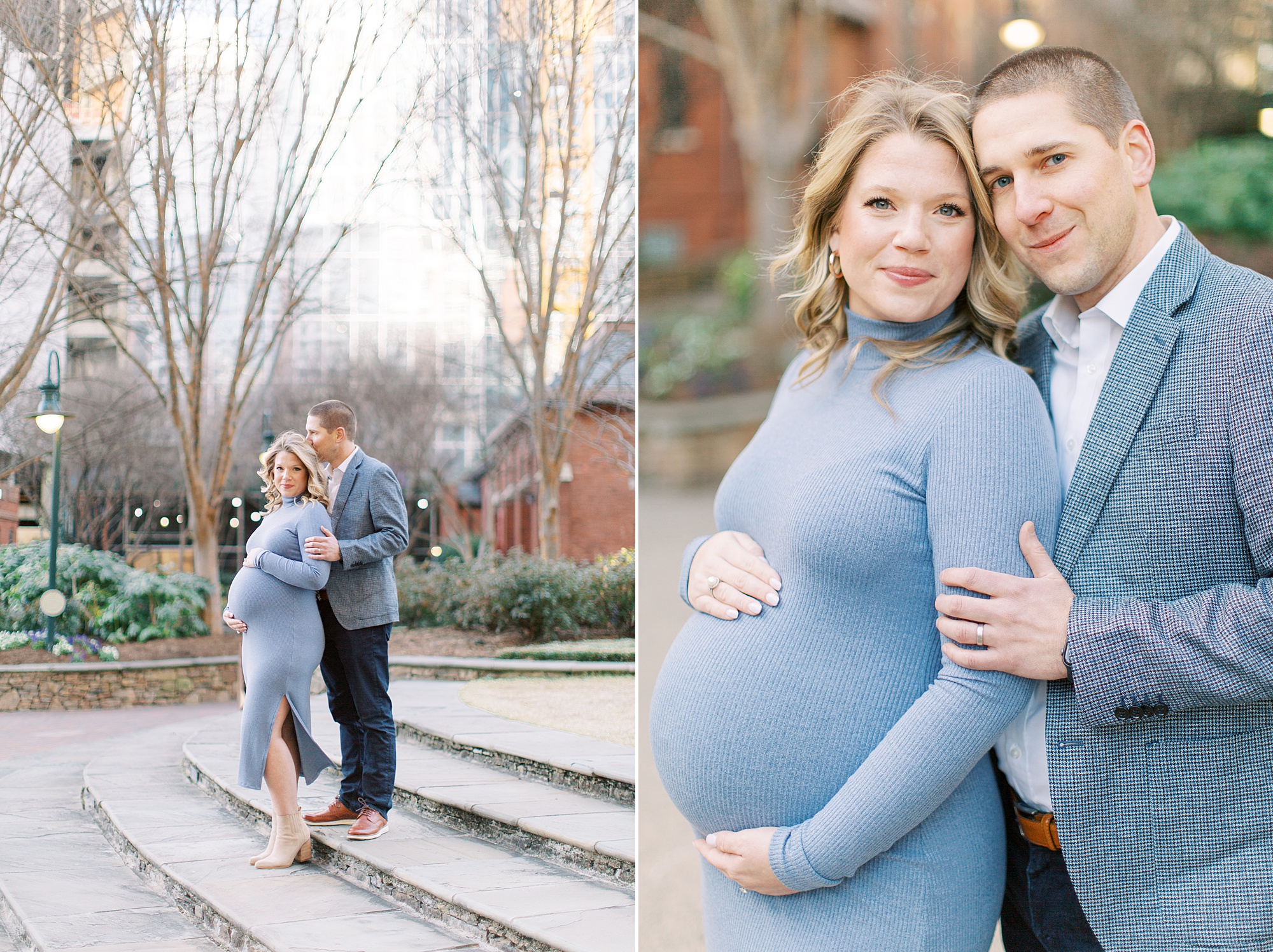 expecting couple poses on steps during Uptown Charlotte maternity session