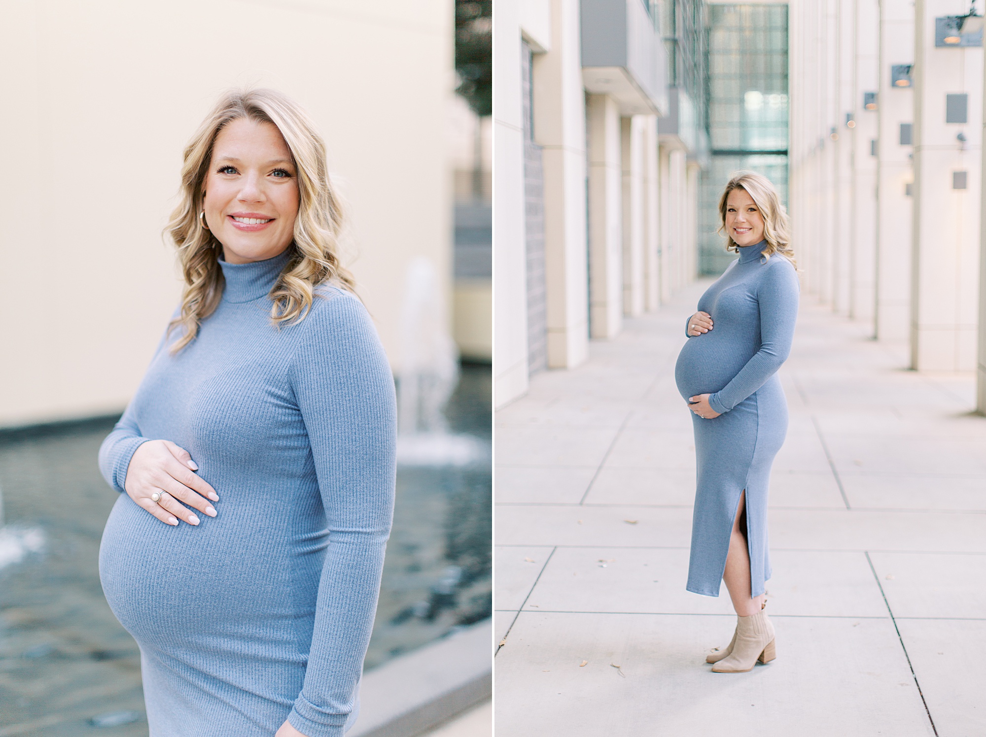 expecting mother holds belly in blue dress during NC maternity photos