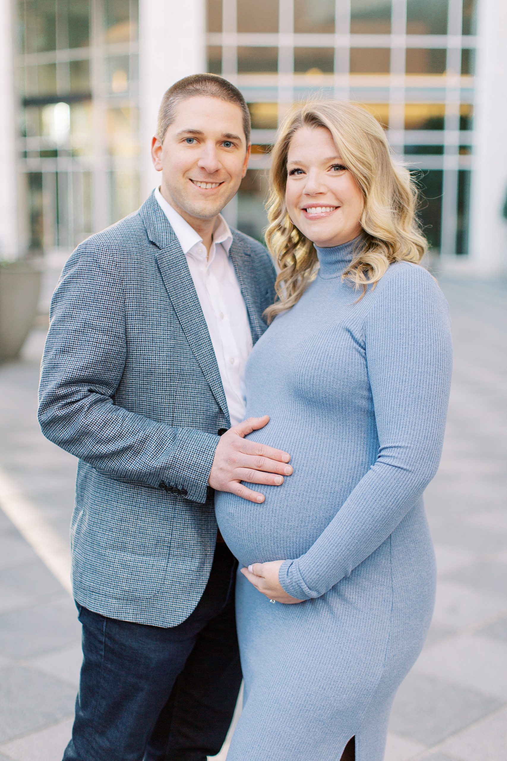 winter maternity portraits in Charlotte NC for woman in blue dress
