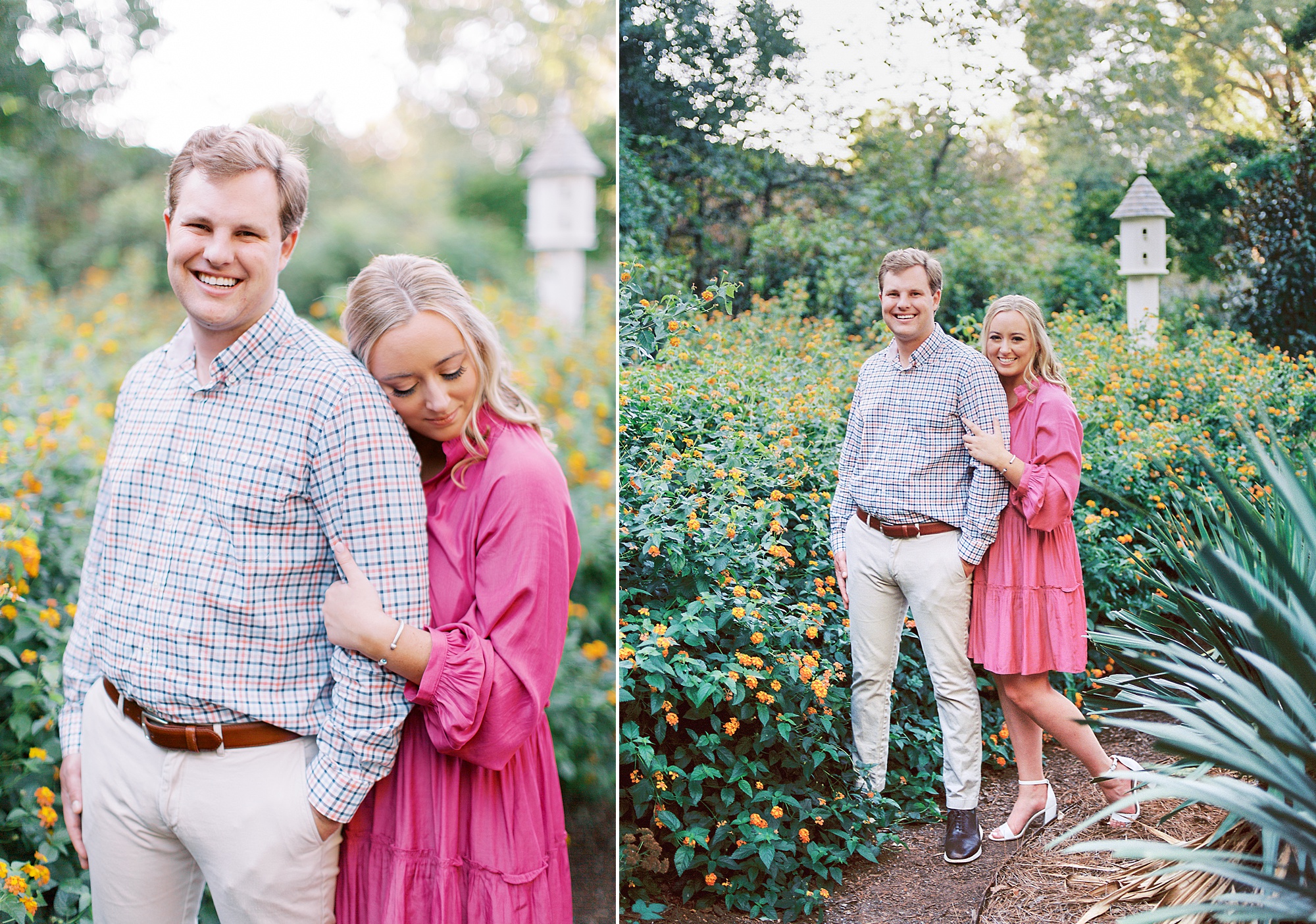Duke Mansion engagement photos in the gardens for woman in pink gown